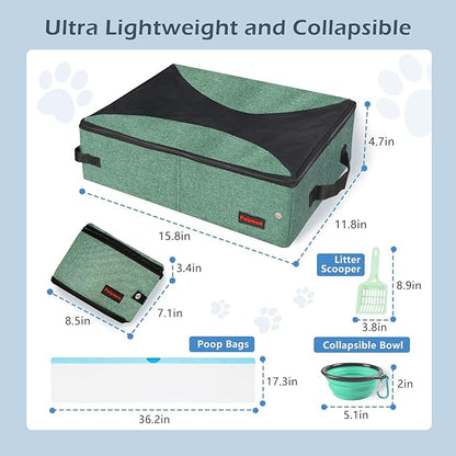 Portable Cat Travel Litter Box. Zipped Lid, Collapsible Litter Box for Cats. No Leakage, No Smell. Easy to Carry. Used for Hotels, Camping, Car (Green, M)