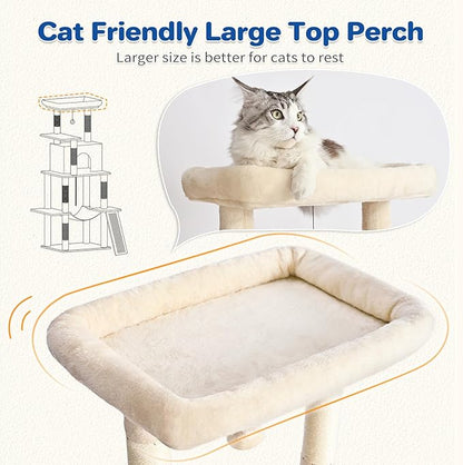 Cat Tree Tower 63in Multi-Level Cat Tower for Indoor Cats with Sisal Scratching Posts, Condo, Hammock, Dangling Ball and Extended Platform for Cats to Play, Beige