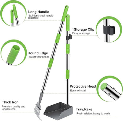 Niubya Pooper Scooper for Dogs, Metal Poop Scooper Tray and Rake Set with Adjustable Long Handle, Dog Pooper Scooper for Pet Waste Removal