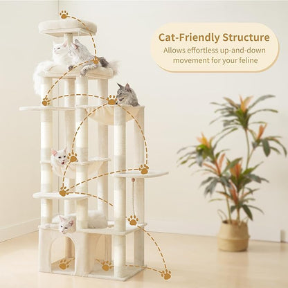 Heybly Heavy Duty Cat Tree, 71-Inch Tall Tower for Large Maine Coon with Extra-Large Baseboard, Cat Condo Furniture with Multi-Level Platforms, 2 Hammocks and 12 Scratching Posts, Beige HCT037M