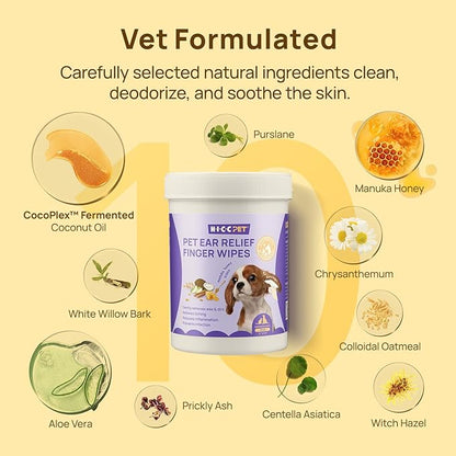 HICC PET Dog Ear Wipes Finger 100 Count Dog Ear Cleaner Wipes for Dogs & Cats, Dog Ear Infection Treatment to Relieve Ear Itching & Inflammation, Remove Ear Wax, Dirt, Smelly - Honey Scent
