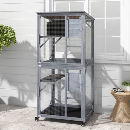 72 Inch TallWooden Cat House with Weatherproof Asphalt Roof-Gray