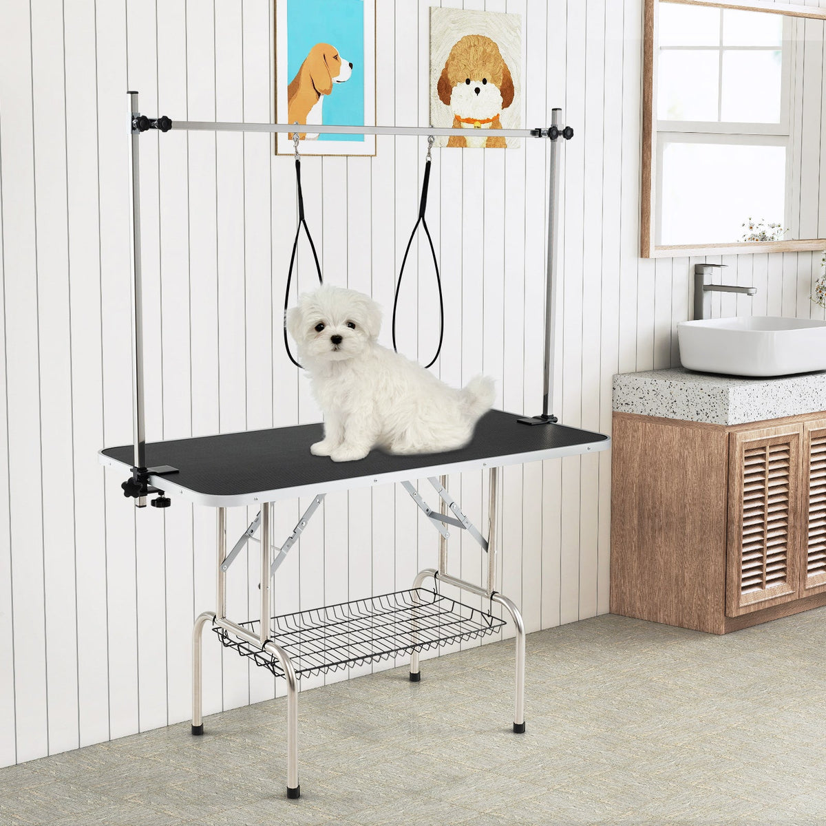 Foldable Dog Grooming Table with Height Adjustable Arms-Black