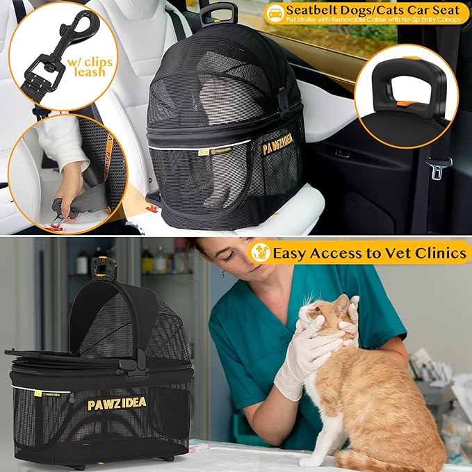 PAWZIDEA Double Pet Stroller with 2 Detachable Carriers, Portable Dog Crate for Car Travel & TSA-Approved Expandable Cat Carrier, Foldable Lightweight Jogger Stroller for 2–4 Cats or Small/Medium Dogs