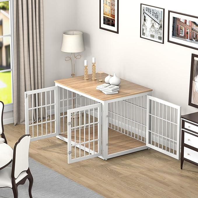 42 Inch Heavy Duty Dog Crate Furniture for Large and Medium Dogs, Decorative Pet House End Table, Wooden Cage Kennel Furniture Indoor, Natural and White