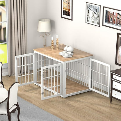 42 Inch Heavy Duty Dog Crate Furniture for Large and Medium Dogs, Decorative Pet House End Table, Wooden Cage Kennel Furniture Indoor, Natural and White