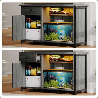 4ever2buy 55 Gallon Fish Tank Stand with LED Light & Power Outlets, 55-75 Gallon Aquarium Stand with Drawer & Barn Door, Cabinet for Fish Tank Accessories Storage for Reptile Tank, Turtle Tank, Gray