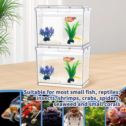 Mini Betta Fish Tank, Small Fish Bowl for Temporary Space, 0.2 Gallon Stackable Cube Tank with Artificial Plants and Gravels for Small Fish, Insect, Shrimp, Crab, Spider. (Pack-2)