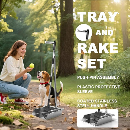 Heavy Duty Metal Pooper Scooper, Dog Pooper Scooper for Large Medium Dogs Long Handle Stainless Tray and Rake Set，Extremely Durable Metal Stainless Steel Dustpan for Indoor Outdoor Cleaning 。