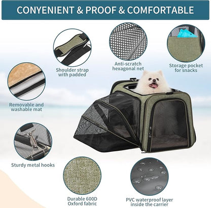 Petsfit Expandable Cat Carrier Dog Carrier, Soft-Sided Collapsible Portable Pet Carrier, 19x12x12, Green