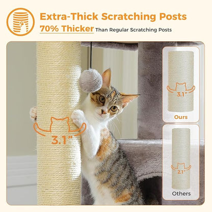 Large Cat Tree with Reinforced Scratching Posts (φ3.1in) for Big Adult Cats 30 lbs, 57.8" Heavy Duty Cat Tower with Larger Hammock and Condo, Cat Furniture for Maine Coon, Plush,Grey