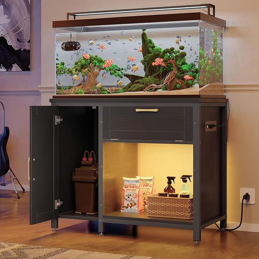 Bestier 40-50 Gallon Fish Tank Stand with Power Outlet&LED Light, 37x18 Heavy-Duty Metal Aquarium Stand with Cabinet&Drawer for Accessories Storage, Suit for Reptile/Turtle Terrarium,660Lbs Capacity