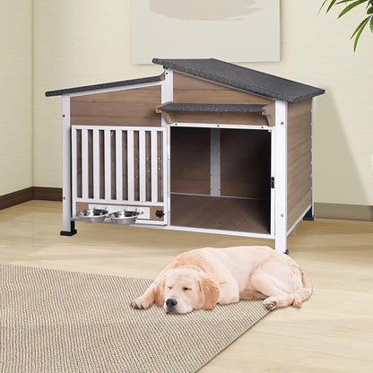 Chew-Resistant Dog House with Metal Frame, Wooden Kennel for Indoor & Outdoor Use, Waterproof Roof & Feeding Bowls Included (Brown, L)