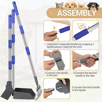 Heeyoo Dog Pooper Scooper, Dog Poop Tray and Rake Set, Pet Waste Removal Scoop with Long Adjustable Sectional Stainless Handles