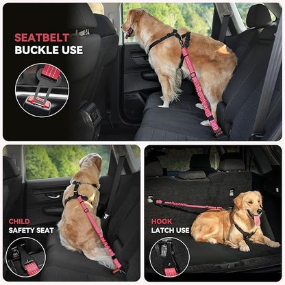 Pawaboo Dog Seatbelt for Car, 3-in-1 Dog Seat Belt Bungee, Shockproof Dogs Tether for Car with Buckle & Hook Latch, Adjustable Reflective Dogs Cars Harness Leash with 360° Lockable Buckle, Red