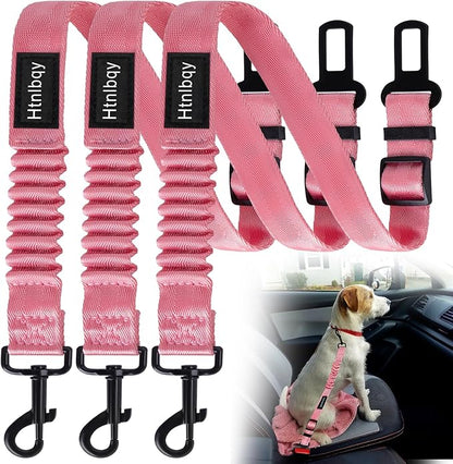Thickened Dog Seat Belt for Car, 3 Pack Set Retractable Dog Car Adjustable Seatbelts for Vehicle Nylon Pet Safety Heavy Duty & Elastic & Durable Car Harness for Dogs, Light Pink