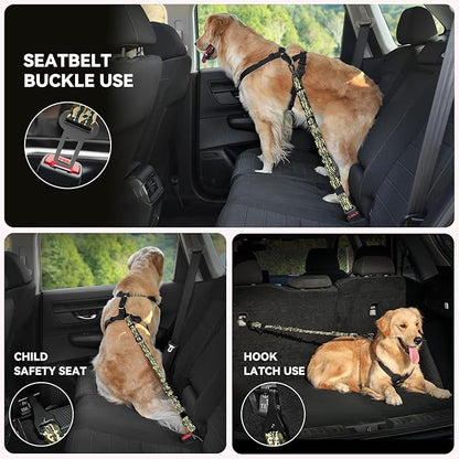 Pawaboo Dog Seatbelt for Car, 3-in-1 Dog Seat Belt Bungee, Shockproof Dogs Tether with Buckle&Hook Latch, Adjustable Reflective Dogs Cars Harness Leash with 360° Lockable Buckle, Army Green Camouflage