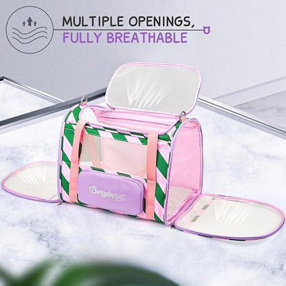 BurgeonNest Cat Carrier, Dog Cat Carriers for Large Medium Cats Under 20 lbs, Soft Sided Pet Carrier, Collapsible Travel Carry Puppy Kitten Cat Carrier with Big Side Bag (Medium, Pink-Green)