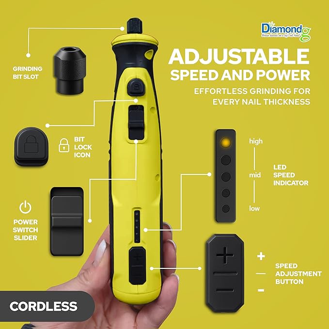 Diamondg Cordless Dog Nail Grinder with Quiet Sound & LED Tip for Large & Small Dogs, 4hrs. Runtime - Electric Dog Nail Trimmer, Heavy Duty Rotary Tool Alternative to Toenail Clippers & Filers