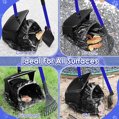 Lukovee Dog Pooper Scooper, 37.4" Long Adjustable Metal Handle Swivel Bin & Rake & Spade Kit with 20 Poop Bags, Portable Dog Non-Breakable Poop Scooper for Gravel Yard Lawn Grass, Blue