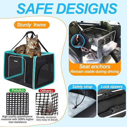 Petskd Extra Large Cat Carrier with Wheels and Litter Box 24"x17"x17" for Large Cat or 2 Small Cats, Collapsible Soft Sided Pet Carrier for Car Travel with Lockable Safety Zippers(Black)