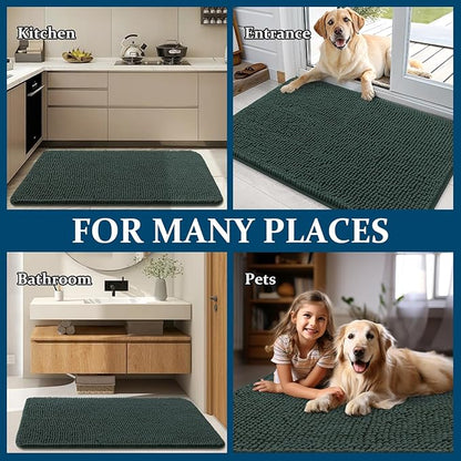 OLANLY Dog Door Mat for Muddy Paws 70x32, Absorbs Moisture and Dirt, Absorbent Non-Slip Washable Doormat, Quick Dry Chenille Mud Mat, Entry Indoor Entryway Carpet for Inside Floor, Blackish Green