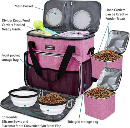 BAGLHER Dog Travel Bag, Pet Travel Bag (ALL Pet Travel Supplies), With 2 Pet Food Containers and 2 Collapsible Silicone Bowls; Essential Kits for Pet Travel Pink