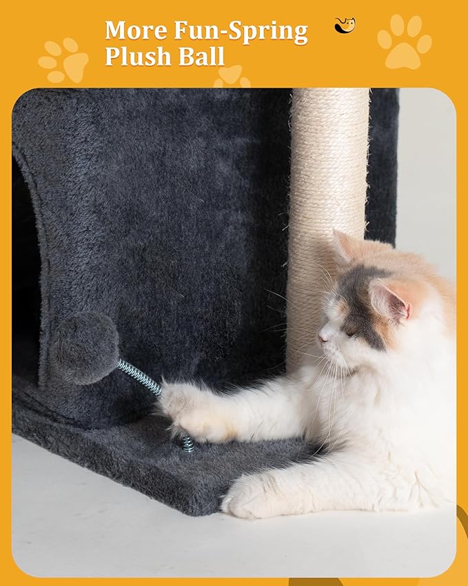 24in Cat Tree Tower with Scratching Post, 19 * 16.5in Window Perch for Large Cats, 2 Cat Condo Cubbies for Indoor Kittens, Dark Gray