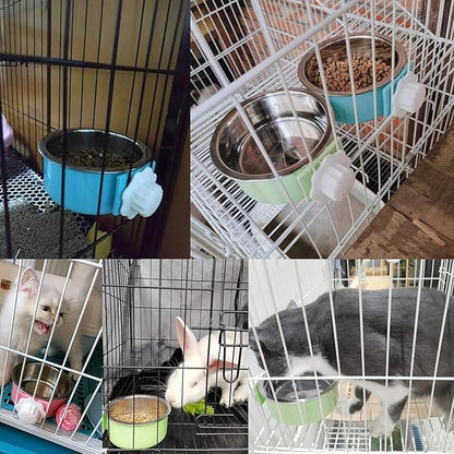 kathson Crate Dog Bowl, Removable Stainless Steel Hanging Pet Kennel Cage Bowl Food & Water Feeder Coop Cup for Puppy, Cat, Rabbit,Guinea Pigs 2pcs (Blue,Green)