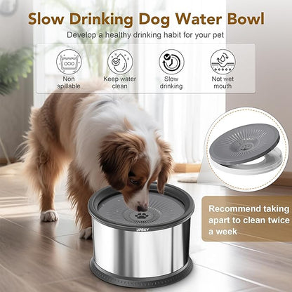 UPSKY 4.5L Dog Water Bowl,Large Capacity No Spill Dog Water Bowl,Stainless Steel Spill Proof Slow Water Feeder,No Splash Water Bowl with Anti-Slip Mat for Messy Drinkers Grey