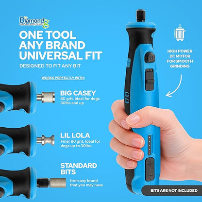 Diamondg Cordless Dog Nail Grinder with Quiet Sound & LED Tip for Large & Small Dogs, 4hrs. Runtime, 2 Bits Included, Blue