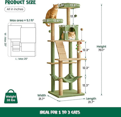 MWPO 70.1-Inch Green Large Cat Tree, Multi-Level Tall Cat Tower for Indoor Cats, Plush Cat Condo with Big Padded Perches, Sisal-Covered Scratching Posts, Hammock, Toys for Kittens & Cats
