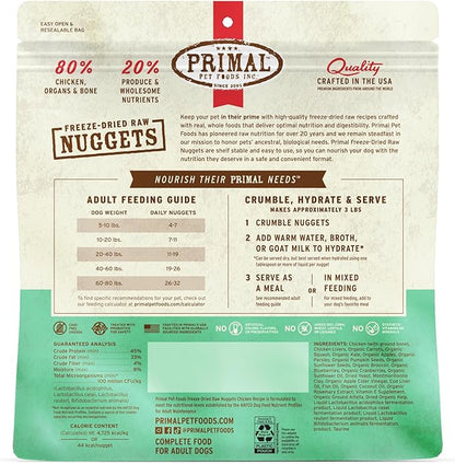 Primal Freeze Dried Dog Food Nuggets, Chicken; Complete Balanced Meal, Topper or Treat; Premium, Healthy, Grain Free, High Protein Raw Dog Food, 14 oz