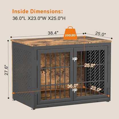 38" Heavy Duty Dog Crate Furniture for Large and Medium Dogs,Wooden Metal Kennel for High Anxiety Dogs, Chew Proof Pet Cage Indoor, Decorative Dog Kennel End Table