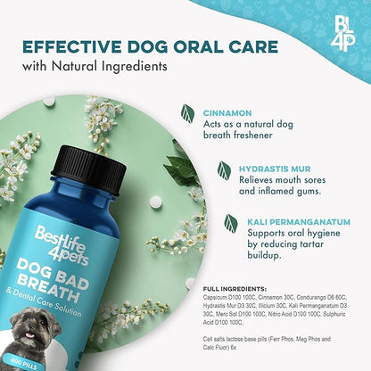 Dog Bad Breath Treatment & Dog Dental Care Solution, Natural Supplement for Canine Oral Health, Canine Tooth Pain Relief, Plaque Control, Gum Disease, Gingivitis, 400 Odorless, Tasteless Pills