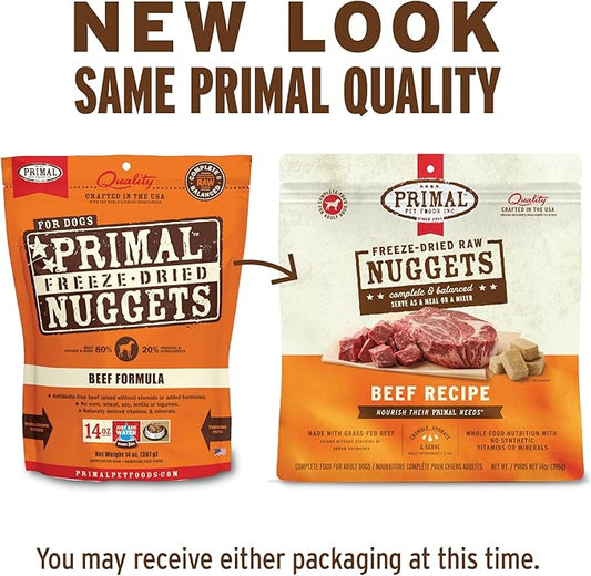 Primal Freeze Dried Dog Food Nuggets, Beef; Complete & Balanced Meal; Also Use as Topper or Treat; Premium, Healthy, Grain Free, High Protein Raw Dog Food, 14 oz (Pack of 4)