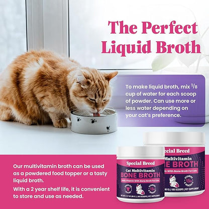 Cat Multivitamin with Grass-Fed Beef Bone Broth – Daily Supplement for Immune, Joint, Skin, Coat & Gut Health – Omega 3s, Lysine, Beta Glucan, Vitamins A-E, C, D – 90 Day Supply – No Fillers