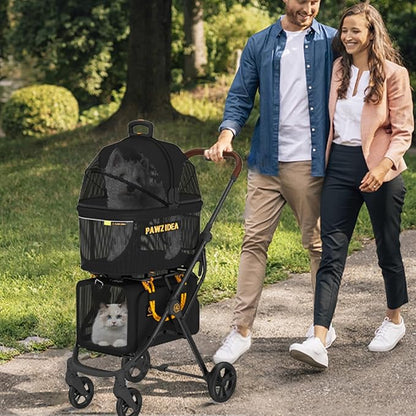 PAWZIDEA Double Pet Stroller with 2 Detachable Carriers, Portable Dog Crate for Car Travel & TSA-Approved Expandable Cat Carrier, Foldable Lightweight Jogger Stroller for 2–4 Cats or Small/Medium Dogs