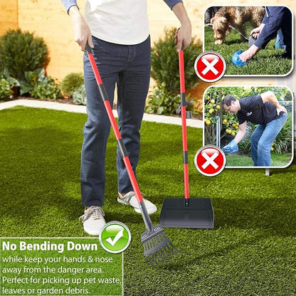 Larger Heavy Duty Pooper Scooper for Dogs-Rake, Spade,Tray Set with Long Handle,No Bend Down Easy Cleanup,Great for Yard Grass Gravel Dirt,Use for Large Small and Multi Dogs
