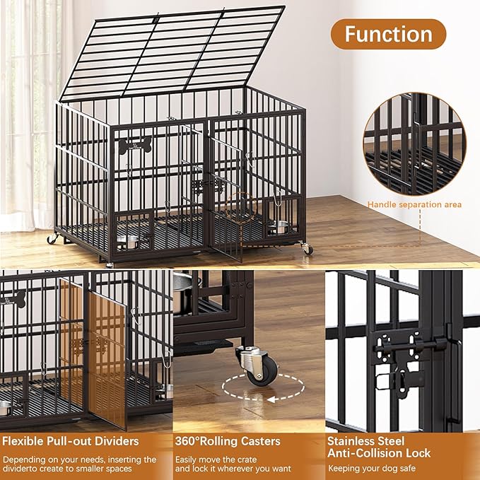 aboxoo 48/42 inch XL Dog Crate for Large Dog/Double Medium Dogs,Heavy Duty Metal Dog Cages,All Metal Open Top,Dog Kennel Indoor with Wheels,Floor Grid, Tray, Divider and Feeding Bowl