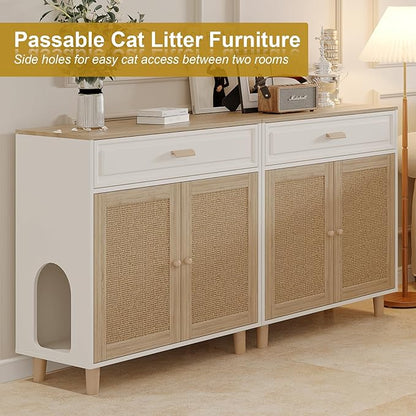 Cat Litter Box Enclosure Furniture Hidden Indoor 2-in-1 Wooden Cat House & Washroom Cabinet with Scratching Board Doors and Drawer, 31.5"x15.7"x34.6"H