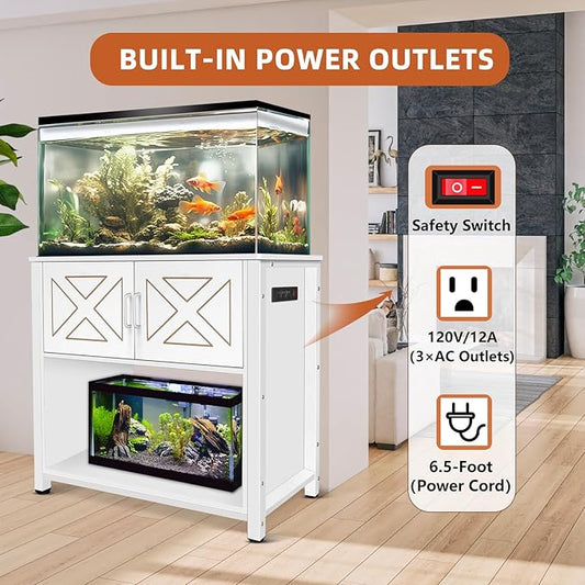 40 Gallon Tank Stand with Cabinet and Power Outlets, Heavy Duty Metal Aquarium Stand for 40-50 Gallon Breeder Tank, Turtle Tank, Double Terrarium Stand, 660LBS Capacity, White