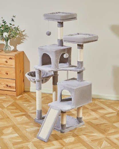 Taoqimiao 56.3-Inch Cat Tree, Cat Tower with Scratching Posts, Cat Tree House for Indoor Cats with hammocks, Toys, Condo and Large Scratch Board, Light Gray MS012W