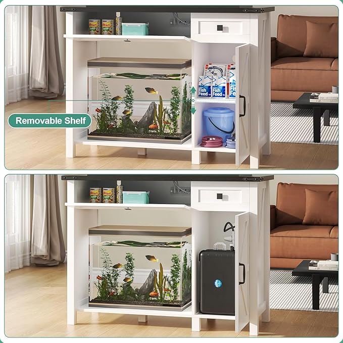 40 Gallon Aquarium Stand With Charging Station, Farmhouse Fish Tank Stand, Reptile Tank Stand Terrarium Stand with Drawer and Cabinet Storage, Sturdy Heavy Duty 41.9"×18.3" Tabletop - White