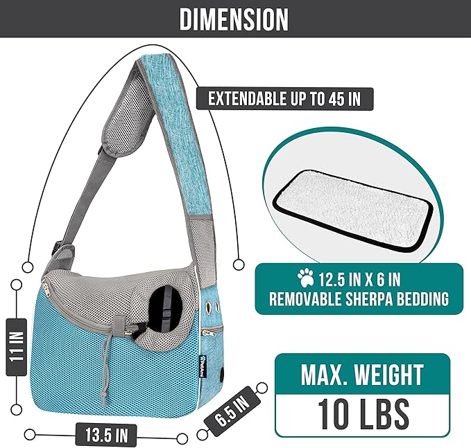 PetAmi Small Dog Sling Carrier, Soft-Sided Crossbody Puppy Carrying Purse Bag, Adjustable Sling Pet Pouch to Wear Medium Dog Cat Travel, Dog Bag for Traveling, Poop Bag Dispenser, Max 10 lbs, Blue