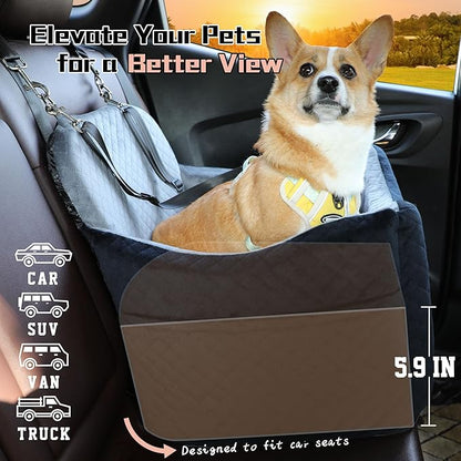 Dog Car Seat for Small/Medium Dogs,Pet Booster Seat with Harness,Memory Foam and Velvet,Safety Comfy Car Travel Pets Carrier,Interior Elevate,Washable and Detachable,Storage Pocket.(H-Black/Brown)