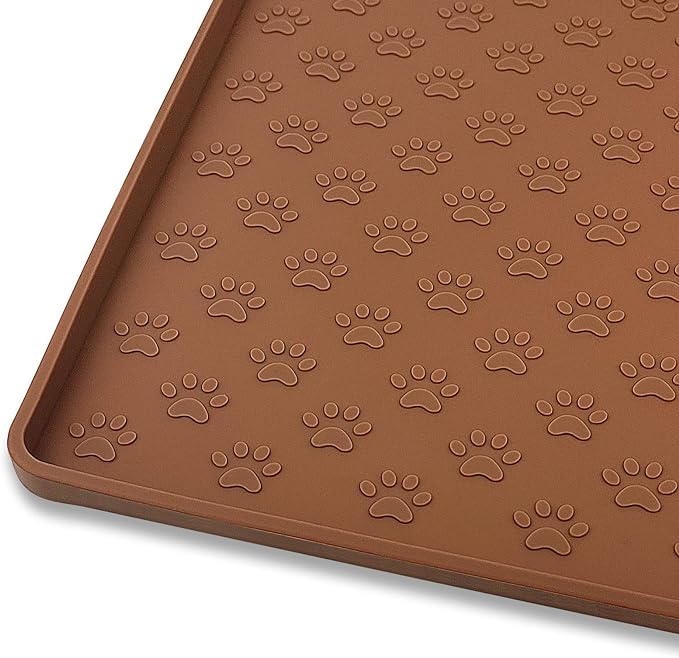 Ptlom Pet Placemat for Dog and Cat, Waterproof Silicone Pet Feeding Bowl Mats for Food and Water, Small Medium Large Dogs Mat Prevent Residues from Spilling to Floor, Brown, 18" 12"