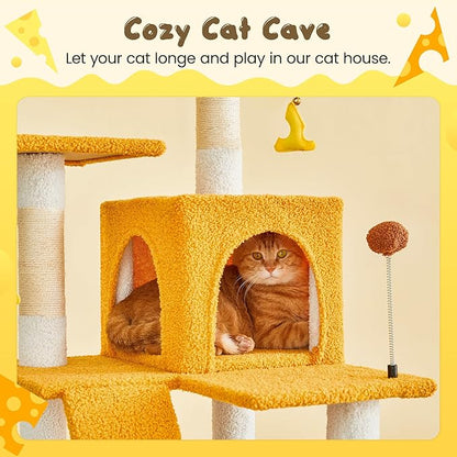 MWPO Cat Tree, 63.8-Inch Cat Tower for Indoor Cats, Multi-Level Cat Condo with 5 Scratching Posts, 2 Perches, Hammock, Dangling Toys, Yellow