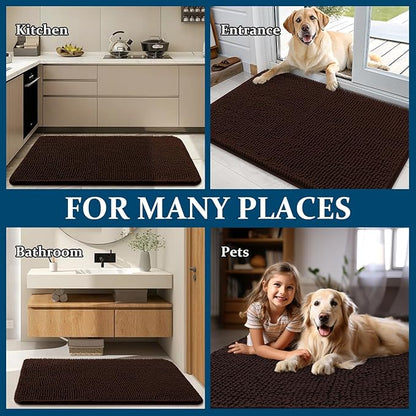 OLANLY Dog Door Mat Set 4-Piece 36x24, Absorbs Moisture and Dirt, Absorbent Non-Slip Washable Doormat, Quick Dry Chenille Mud Mat for Dogs, Entry Indoor Entryway Carpet for Inside Floor, Brown