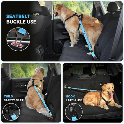 Pawaboo 2Pack Dog Seatbelt for Car, 3-in-1 Dog Seat Belt Bungee, Shockproof Dog Tether for Car with Buckle & Hook Latch, Adjustable Reflective Dog Car Harness Leash with 360° Lockable Buckle, Blue